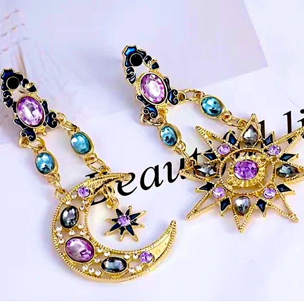 Celestial Moon Star Gold Plated Dangle Earrings Statement accent Stones - Picture 7 of 14